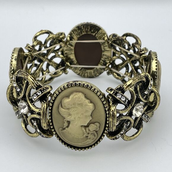 Antique Gold Tone Cameo Rhinestone Stretch Bracelet Vintage Look Victorian - Picture 2 of 6